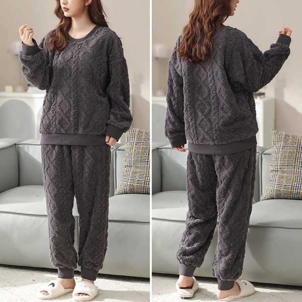 HAUFR Dam Fluffy Fleece Pyjamas Set 2 delar Varm Fleece Pyjamas Set Mjuka nattkläder Långärmade Crewneck fickor Byxor Y Black Large