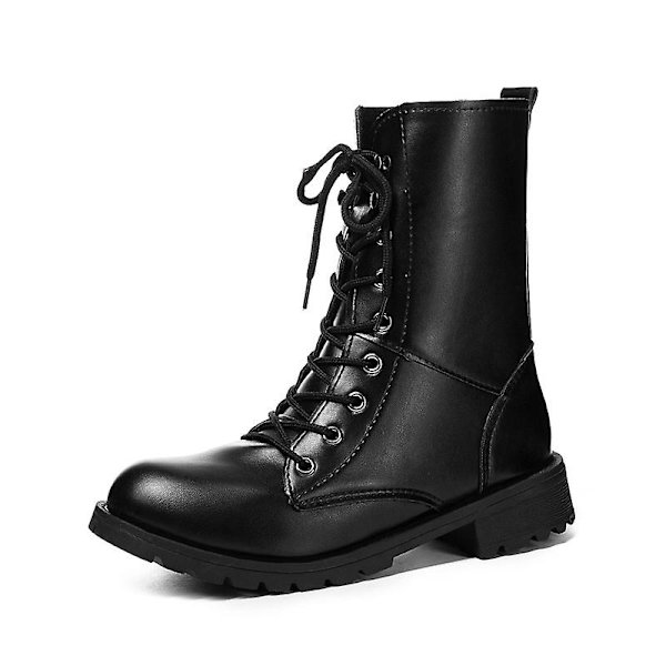 Lace Up Pu Läderstövlar Kvinnor Block Häl Mid Calf Skor Gothic Punk Låg Klack Stövlar W 38