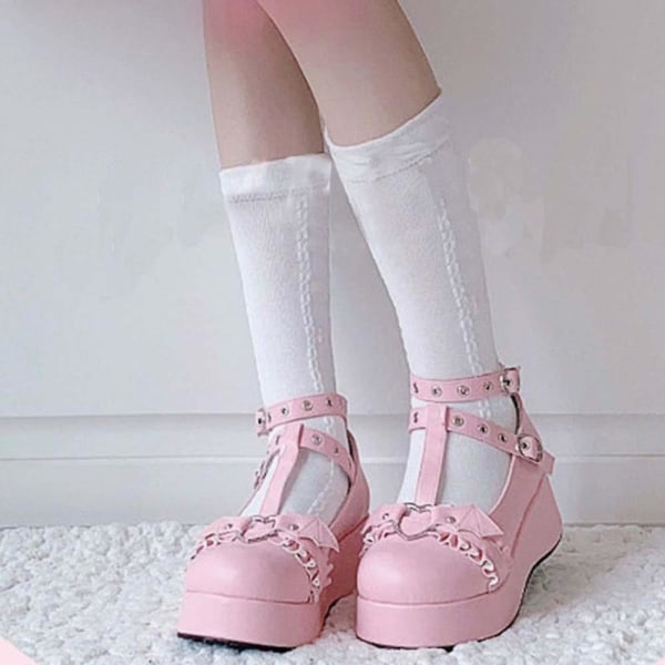 Søte Hjerte Spänne Kiler Mary Janes Kvinner Rosa T-rem Chunky Plattform Lolita Sko Kvinne Punk Gothic Cosplay Sko 43 BLACK-35 40