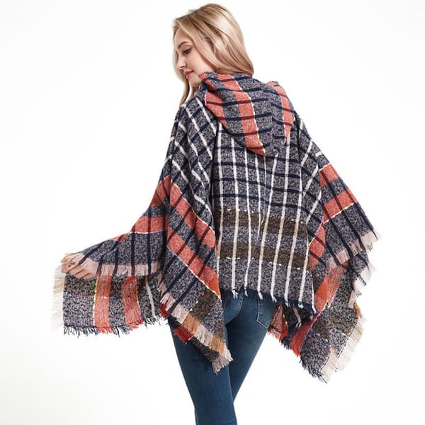 Höstvinterhuvtröja Rutig tröja Cape med tofs Thicken Poncho for Lady H