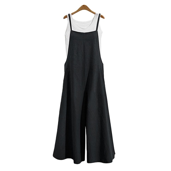 Avslappet løs jumpsuit kvinner sommer solid bomull lin remmer brede ben bukser dungaree haklapp overall ermeløs oversized jumpsuits w Black XL