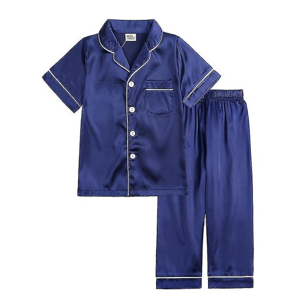 Satin Pyjamas Set för barn: Sovkläder med knappar och shorts Navy Blue Suit for height 80 to 90cm