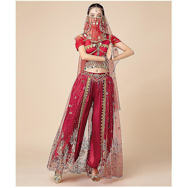Prinsesse Jasmine Cosplay For Kvinner Indisk Magedans Arabisk Prinsesse Jul Karneval Sett - Red 7pcs M
