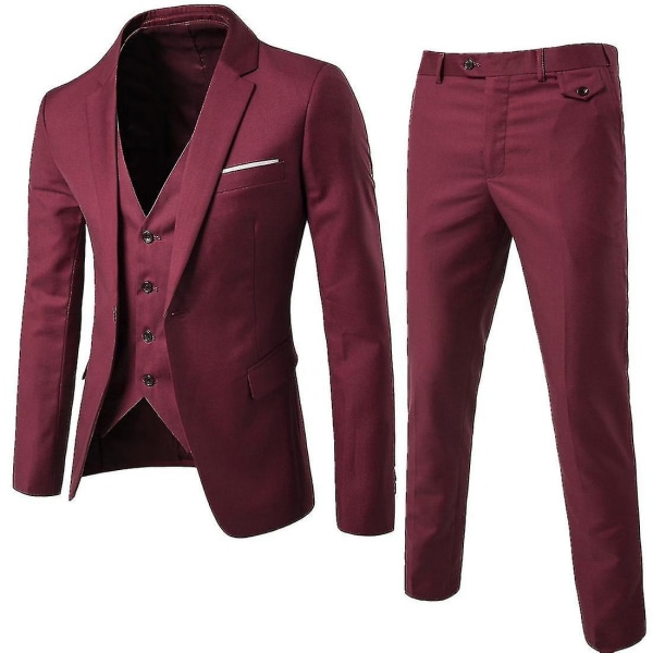 3 stk slim jakkesæt til mænd ensfarvet jakke vest bukser forretningsdragt W Red XXL