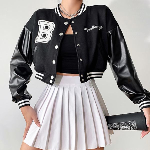 Kvinde Varsity Jakke Cropped Baseball Jakke Bomberjakker ode Streetwear W Black M