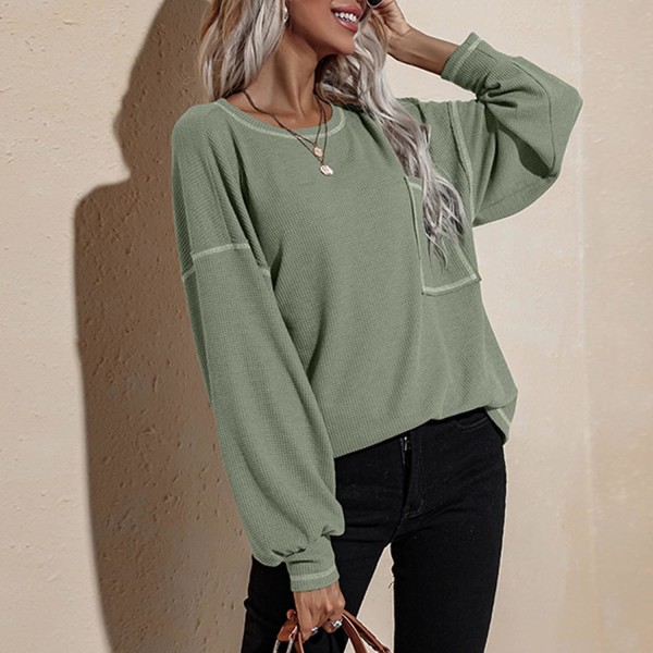 Genser med rund hals, vaffelstrikket topp med puffermer, casual bluse med lomme Green L