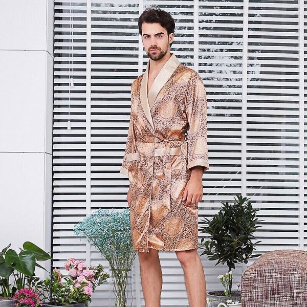 Miesten satiini silkkikirves pyjamat kimono aamutakki aamutakki Pjs oungewear Brown L