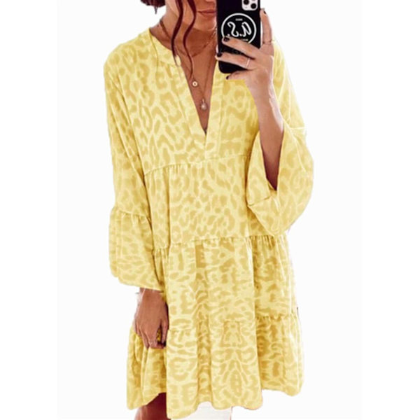 Kvinnor sommar temperament lös print stor klänning med V-ringad yellow M