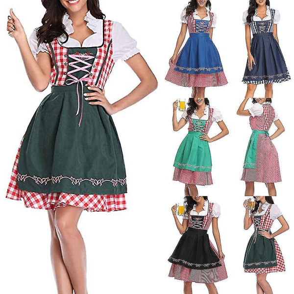 Naisten Oktoberfestin oluttyttöasu, baijerilainen perinteinen Dirndl-mekko, karnevaali CNMR, tummanvihreä, S Denim Red Check 2XL