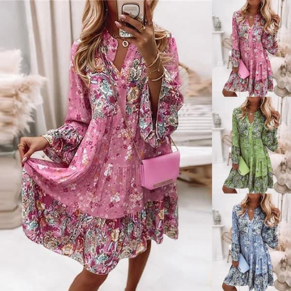 Kvinner sommer langarmede kjoler Blomstrete print strand Minikjole Pink S