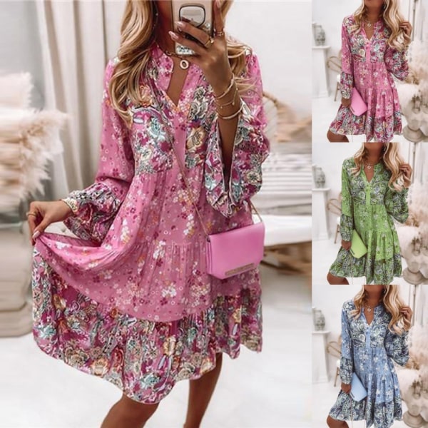 Kvinner sommerlige langermede kjoler Blomstrete print strand Minikjole Pink 4XL