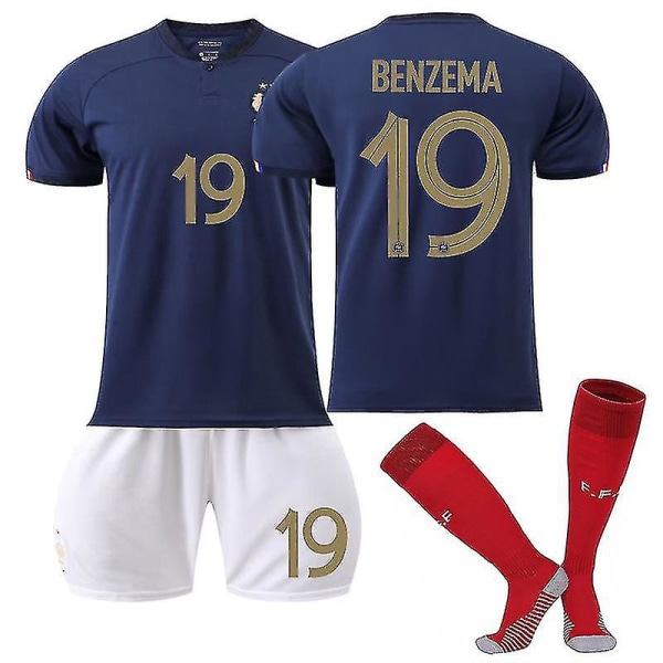 2022-2023 Frankrig Hjemme VM Børne Voksen Jersey Sæt med Strømper BENZEMA 19 Kids 20(111-120CM)