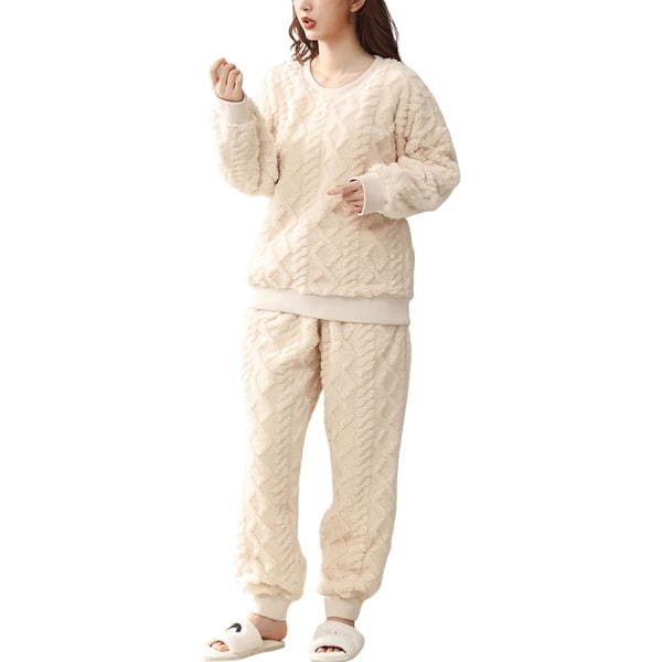 HAUFR Dam Fluffy Fleece Pyjamas Set 2 delar Varm Fleece Pyjamas Set Mjuka nattkläder Långärmade Crewneck fickor Byxor Y Apricot Large