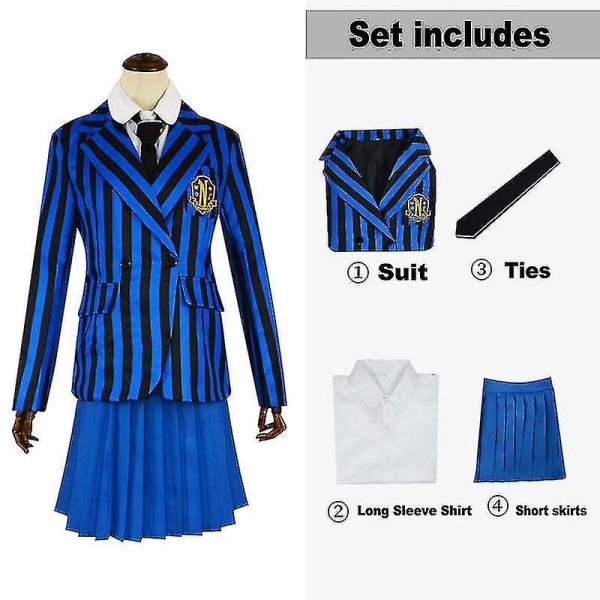 Onsdag Addams Cosplay Anime Kostume Pige 2023 Skoleuniform Kostume Halloween Karneval Fest Uklædning Karakter W Blue 8T-140cm