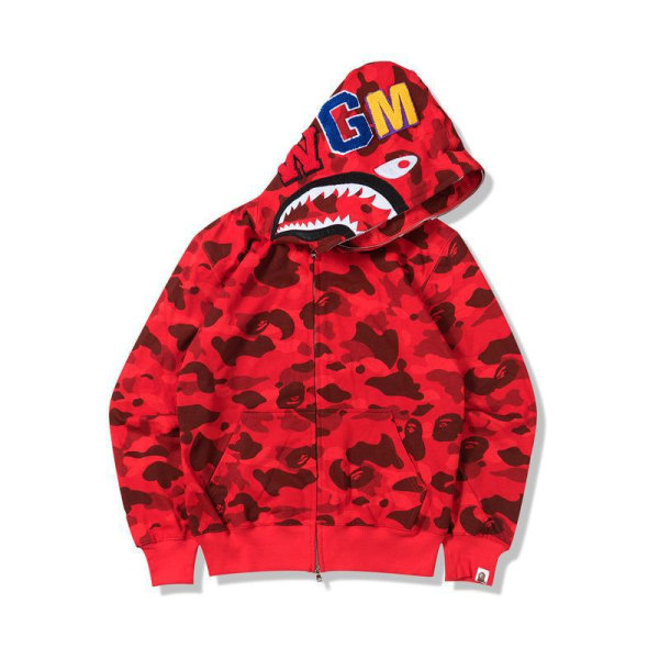 Bape hettegenser Shark outh Ape Camo Print Cotton Full Zip Jacket for Y W röd M