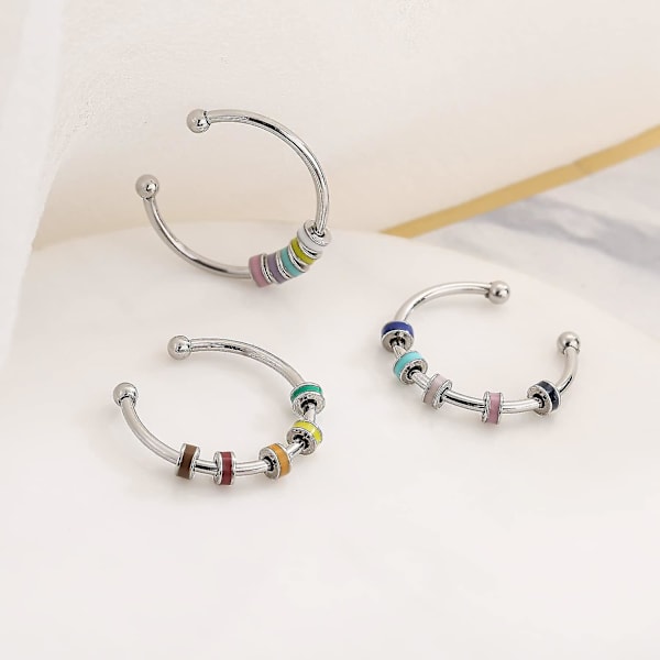 3 stk. Spindende emalje Fidget-ring, rustfrit stål angstlindring, angst ring med flerfarvet rullebold
