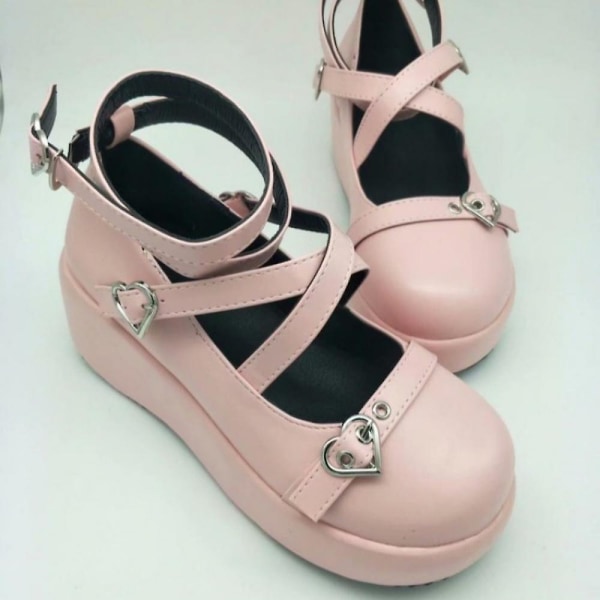 Søte Hjerte Spänne Kiler Mary Janes Kvinner Rosa T-rem Chunky Plattform Lolita Sko Kvinne Punk Gothic Cosplay Sko 43 PINK-87 38