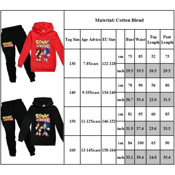 Poika Tyttö Sonic The Hedgehog Hupparit Treeniasut Yläosat+juoksuhousut k black 140cm