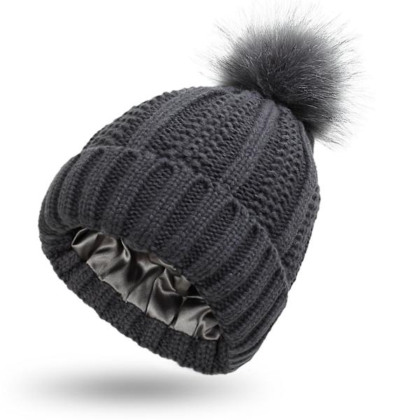 Vinter stickad mössa Dam varm vävd cap med slät inre skyddsfrisyr W Dark Gray