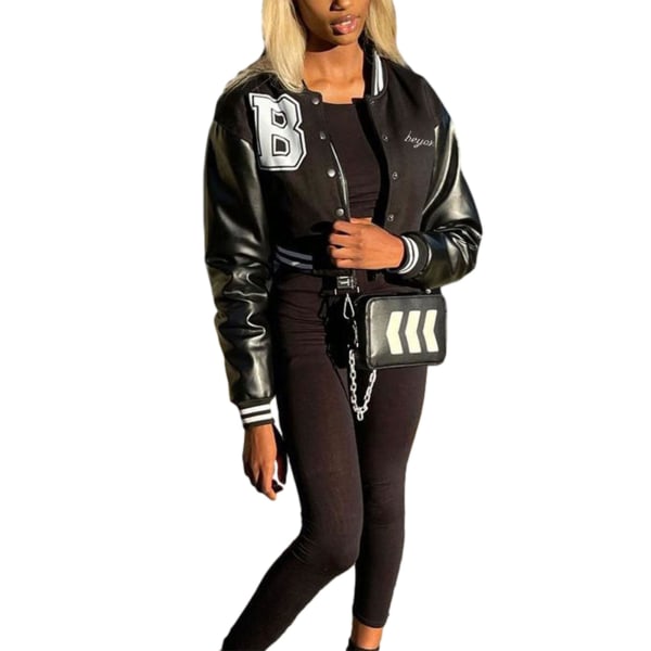 Kvinner Varsity Jakke Cropped Baseball Jakke Bomberjakker Mote Streetwear W Black L