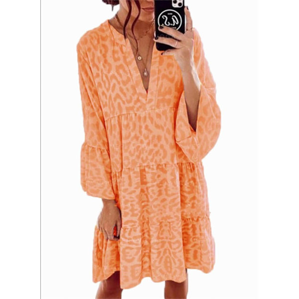 Kvinnor sommar temperament lös print stor klänning med V-ringad orange M
