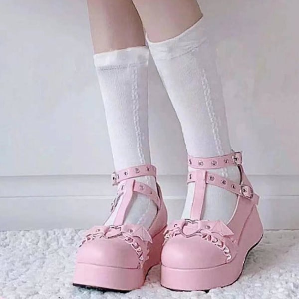 Søte Hjerte Spänne Kiler Mary Janes Kvinner Rosa T-rem Chunky Plattform Lolita Sko Kvinne Punk Gothic Cosplay Sko 43 PINK-35 40