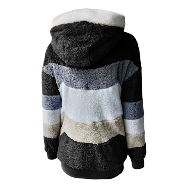 Dam Vinter Plysjakke med Hætte Langærmet Zip Up Tyk Cardigan Varm Løs Jakke W Black XL