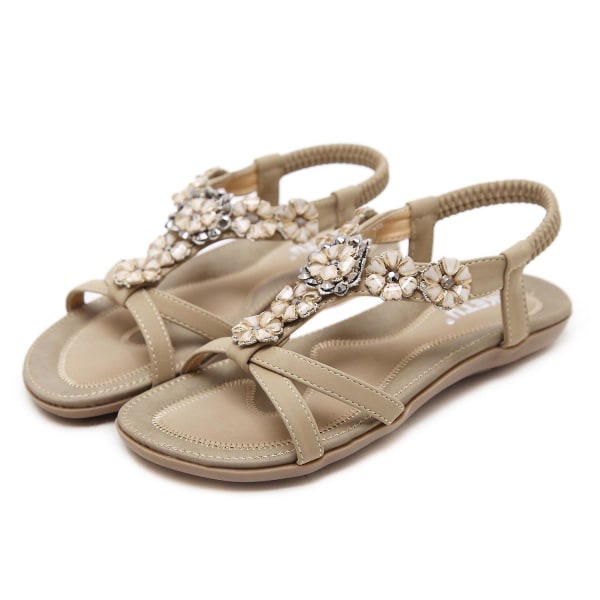 Womens Summer Sandaler Bohemian Flower Rhinestone Large Size Flat Shoes Beach Sandals Apricot EU 38