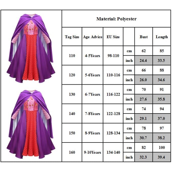 2 ST Girls Dress Sarah Mary Sanderson Cosplay Halloween Outfits - 110cm