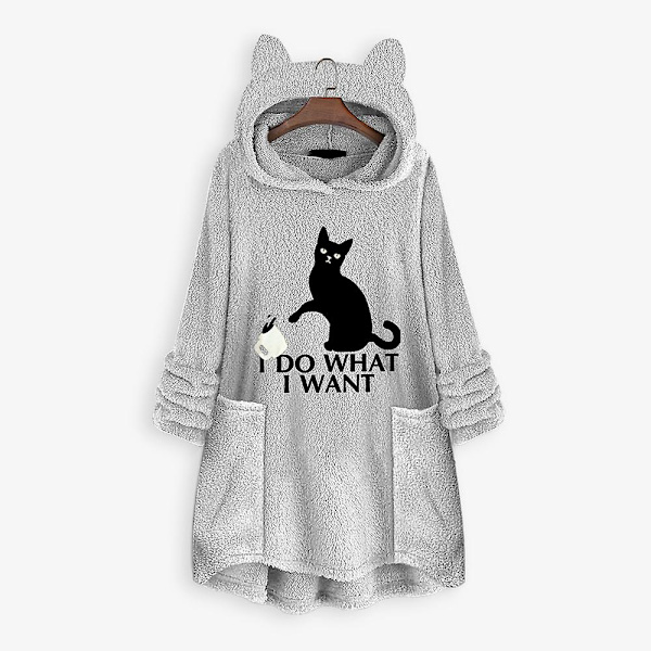 Fleece hættetrøje til kvinder Vinter Varm Casual Sweatshirt Katteører Design Løs trøje W Gray M