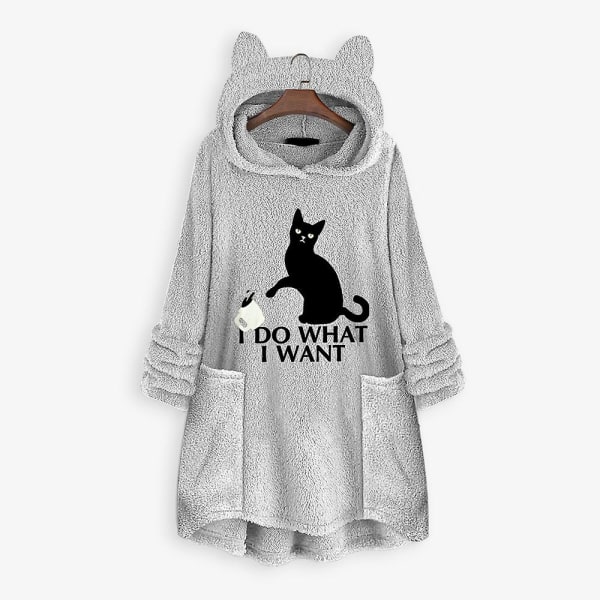 Huvtröja i fleece för kvinnor Vinter Varm Casual Sweatshirt Cat Ears Design Lös tröja W Gray 3XL