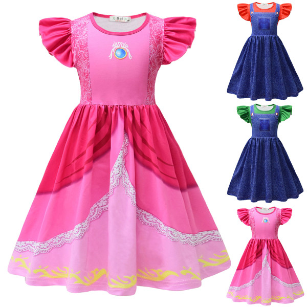 Kids Girls Princess Peach & Super Bros Short Dress Summer Fancy Cosplay Costume Pink 4-5 Years