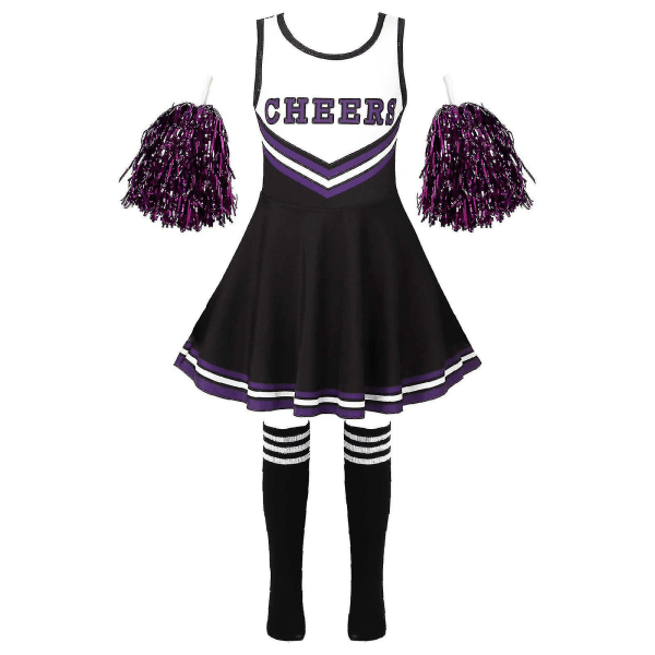 Barn Cheerleading Kostym Skoltjejer Cheerleader Uniformer Cheer Dans Outfits För Halloween Klänning Med Strumpor Blomma D_y Black 3-4 Years