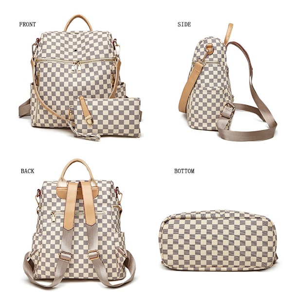Rutet rygsæk PU-læder Bærbar computer Rygsæk Daypack H White 12.21*11.43 inch
