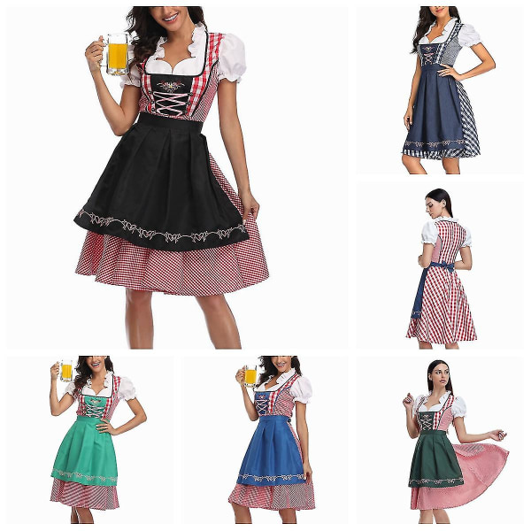 Kvindernes Oktoberfest Øl-hjælper Kostume Bayersk Traditionel Dirndl Kjole W Denim Blue Check M