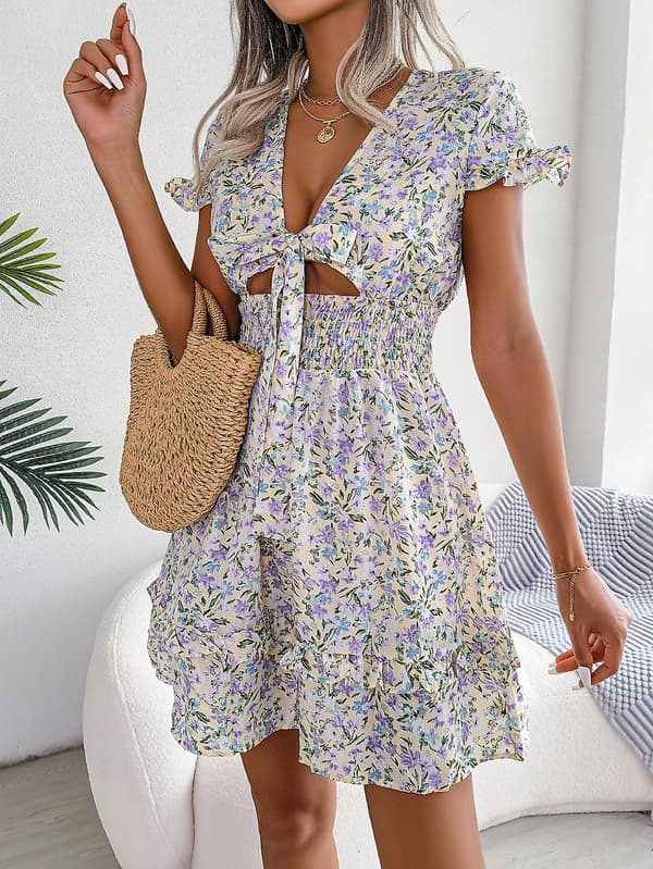 Kvinnors Boho Layered ini Kort Klänning Djup V Neck Tie Front Utsvängda Klänning W M