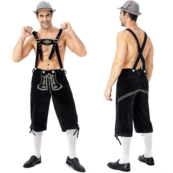 (Skjorta+byxor+hatt) Oktoberfest Beer Man Lederhosen kostym Halloween Bayersk karnevalsfest Deluxe Cosplay Outfit Set only Black Pants XXL