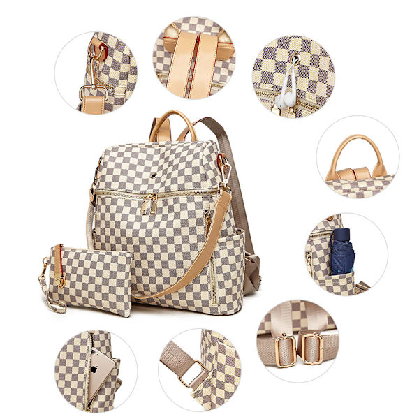 Rutig ryggsäck PU-läder Bärbar dator Ryggsäck Daypack H White 12.21*11.43 inch
