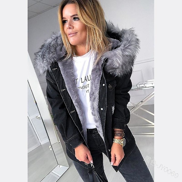 Vinter Tyk Jeansjakke Dame Casual Langærmet Pels Krave Hætte Varmt Frakke W Black M