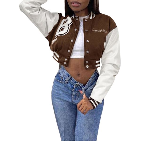 Kvinde Varsity Jakke Cropped Baseball Jakke Bomberjakker Mode Streetwear W Brown M