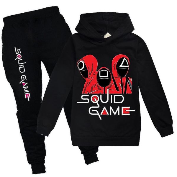 Squid Game Kids Sport Träningsoverall Set Huvtröja Byxor Outfit Kläder W Black 15-16 Years