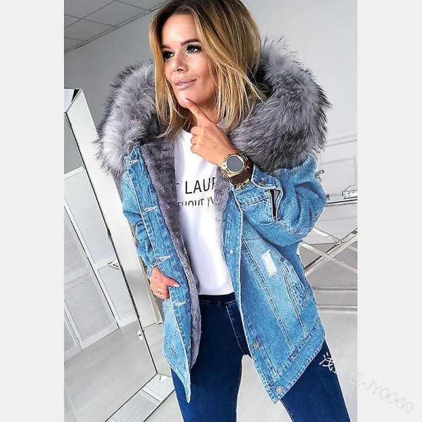 Vinter Tjock jeansjacka Dam Casual ångärmad Pälskrage Hooded Warm Coat W Light Blue L