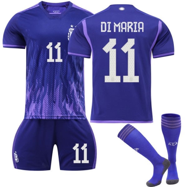 Argentina Borte-VM herretrøye Di Maria #11 Fotball T-skjorte Shorts Kit Fotball 3-delt sett V7 22(120-130CM)