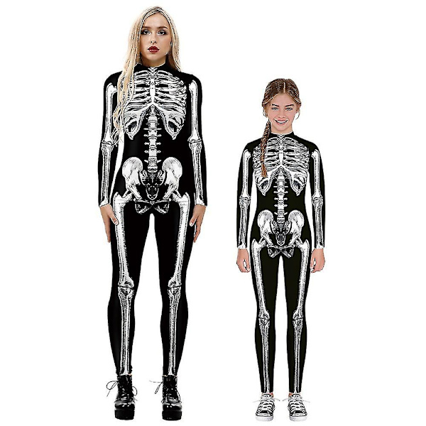 Halloween-skeletdragt til børn og voksne, behagelig Onesie Jumpsuit Tak!！ Black 125cm-130cm