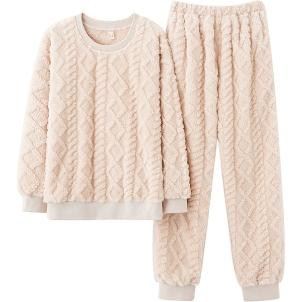 HAUFR Dam Fluffy Fleece Pyjamas Set 2 delar Varm Fleece Pyjamas Set Mjuka nattkläder Långärmade Crewneck fickor Byxor Y Apricot Large