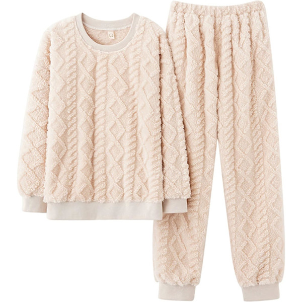 HAUFR Dame Fluffy Fleece Pyjamas Sæt 2 dele Varm Fleece Pyjamas Sæt Bløde Natkjoler Langærmede Crewneck Lommer Bukser Y Apricot X-Large