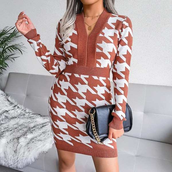 Houndstooth Print Sweater Dress V-hals Langærmet Ticked Bodycon Dress For Women Brown S