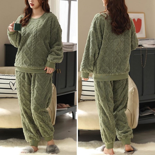 HAUFR Dam Fluffy Fleece Pyjamas Set 2 delar Varm Fleece Pyjamas Set Mjuka nattkläder Långärmade Crewneck fickor Byxor Y Green Large