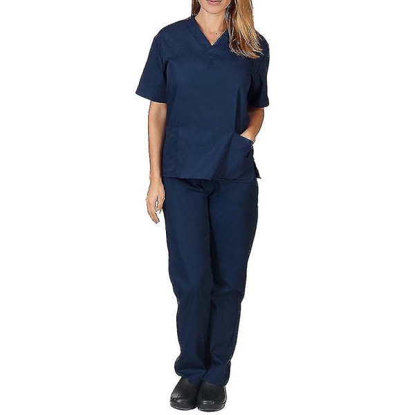 Unisex Doctor Top & Pants Scrub Set Tandläkare kostym för medicinskt bruk Navy Blue M