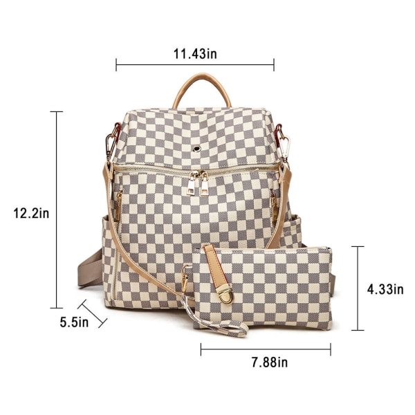 Plaid rygsæk PU læder bærbar rygsæk Daypack H Coffee 12.21*11.43 inch